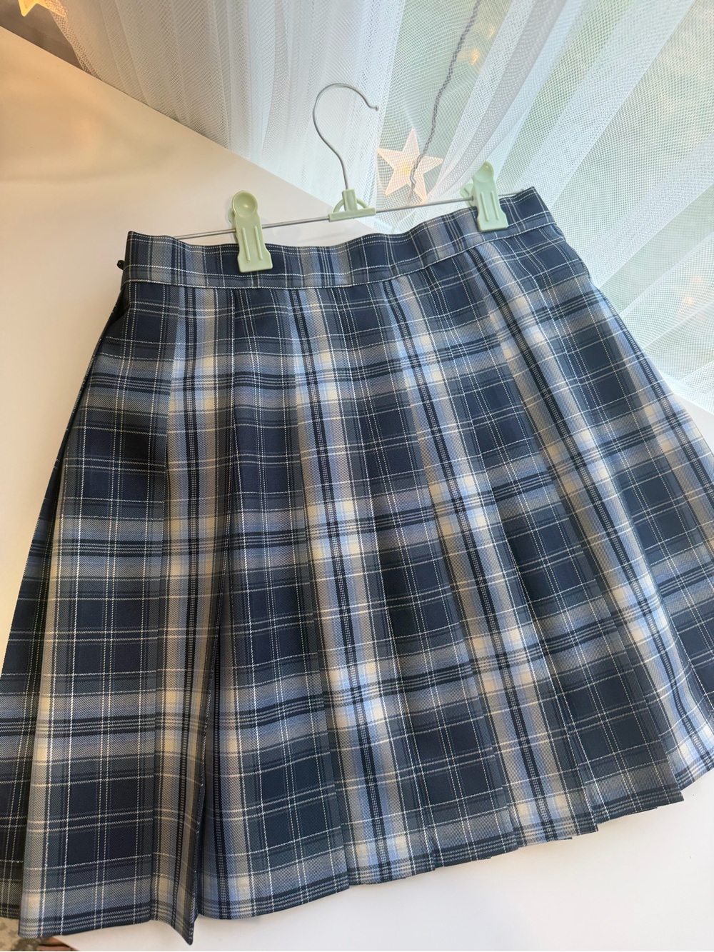 Pleated Navy and White Plaid Mini Skirt